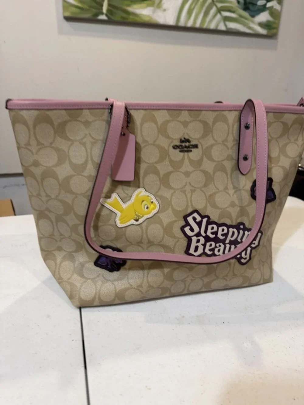 Disney x Coach City Tote Signature Canvas Sleeping Beauty Patches Khaki